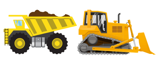 Dump truck and bulldozer